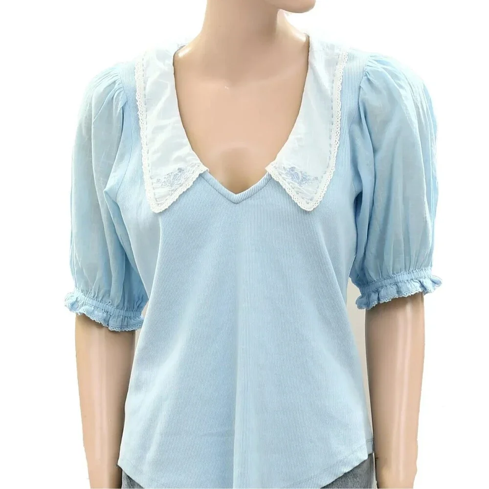 By Anthropologie Short-Sleeve Collared Top Floral Embroidered Ribbed XXS 273656